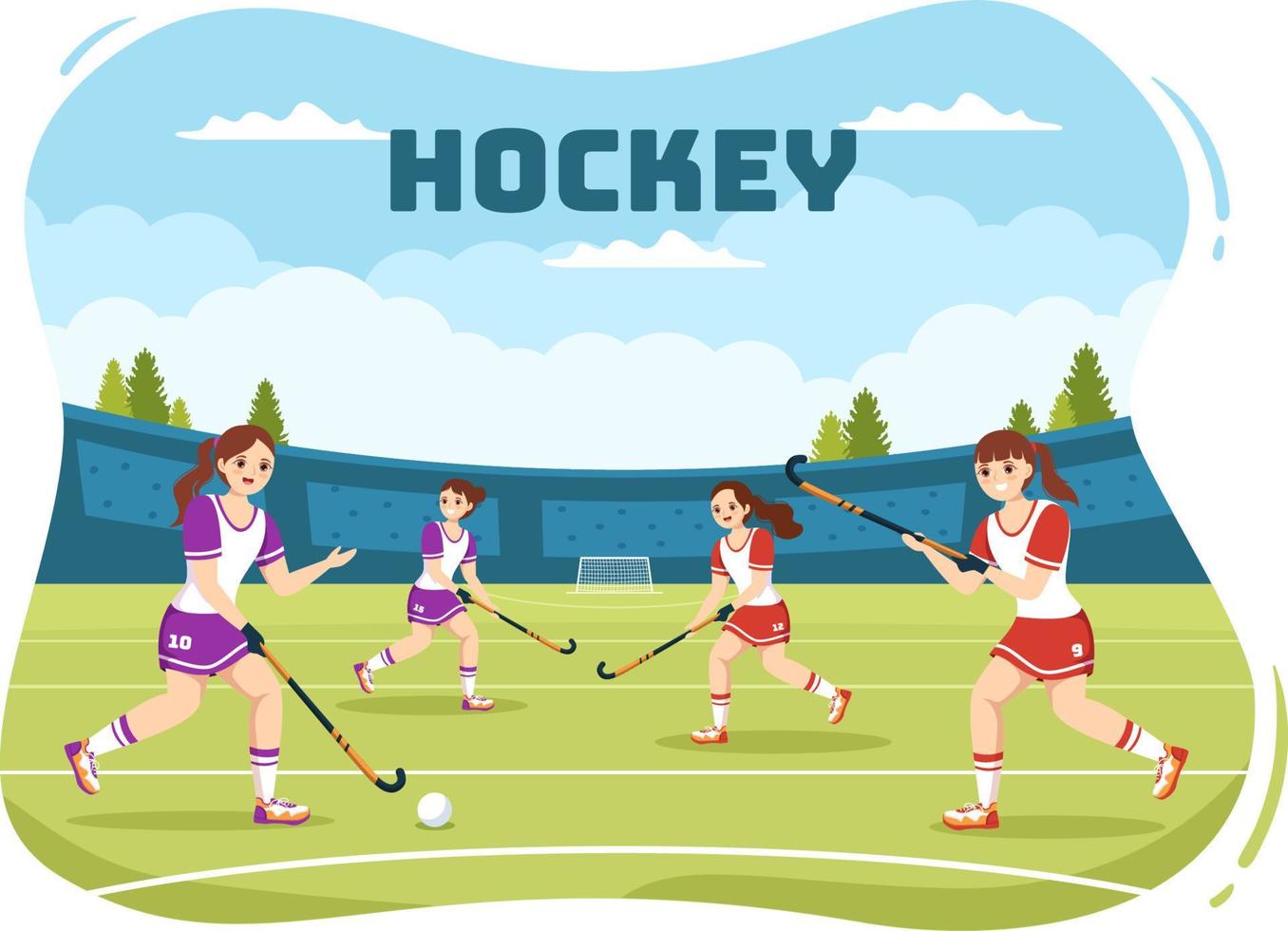 hockey spelare sport med hjälm, pinne, puck och skridskor på grön fält för spel eller mästerskap i platt tecknad serie hand dragen mallar illustration vektor
