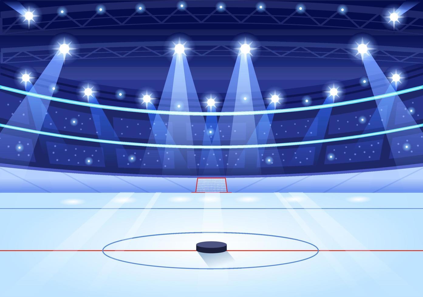is hockey spelare sport med hjälm, pinne, puck och skridskor i is yta för spel eller mästerskap i platt tecknad serie hand dragen mallar illustration vektor