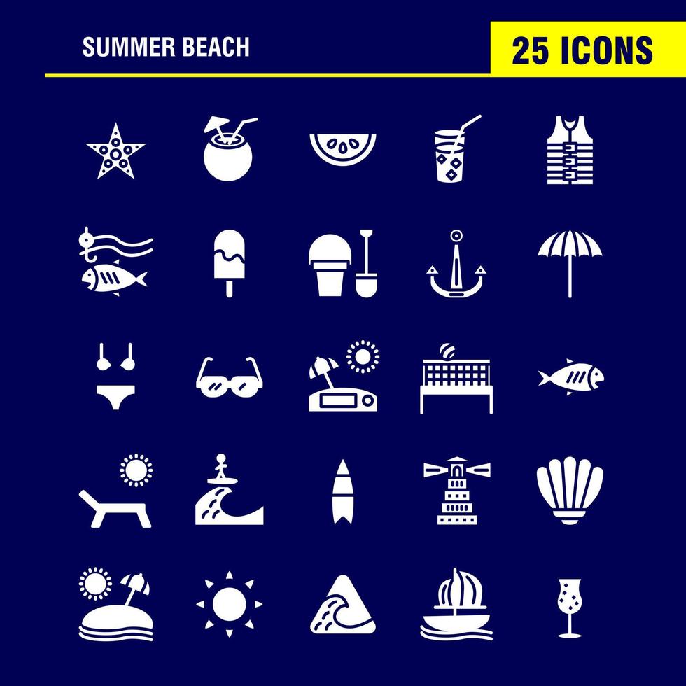 Beach Solid Glyph Icon Pack für Designer und Entwickler Ikonen von Fisch Seestern Seestern Kokosnuss Frucht tropischen Strand Vektor