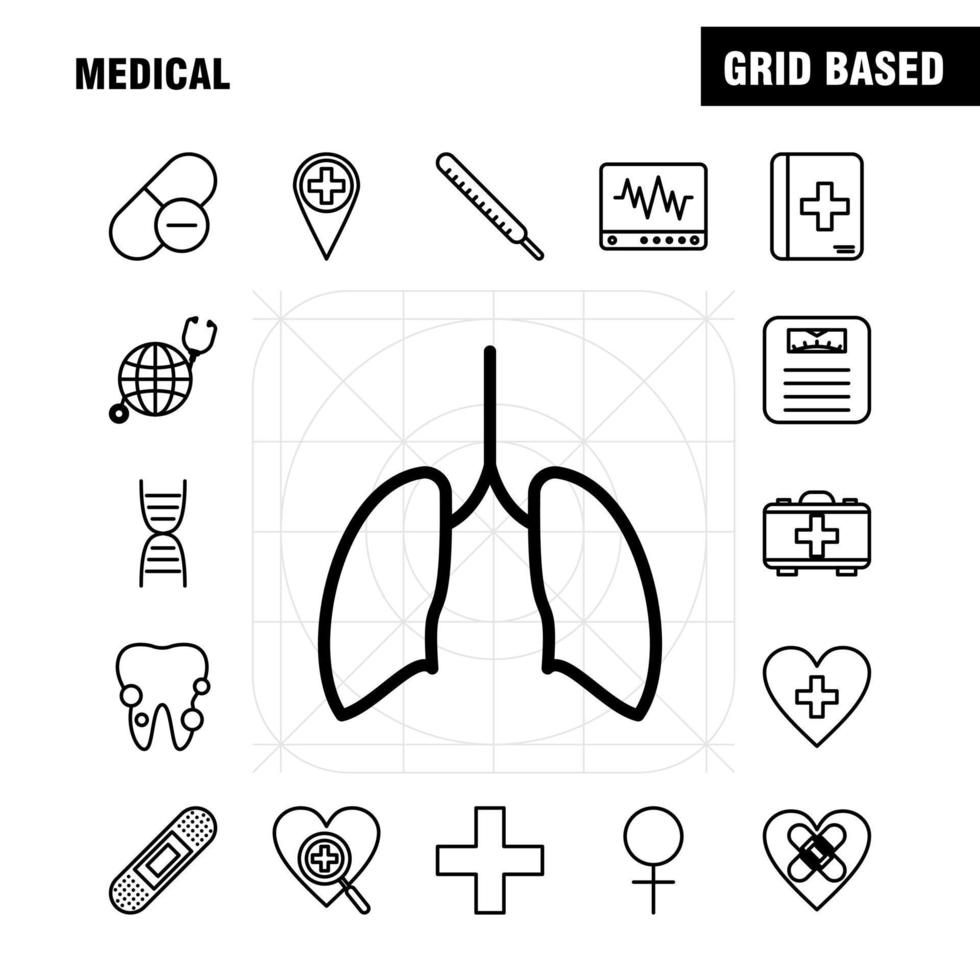 medicinsk linje ikoner uppsättning för infographics mobil uxui utrustning och skriva ut design inkludera tänder mun tandläkare medicinsk blod tryck medicinsk läkare eps 10 vektor