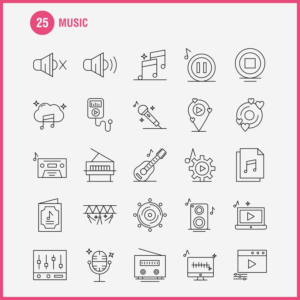 Musikzeilensymbole, die für Infografiken, mobiles Uxui-Kit und Druckdesign eingestellt sind, umfassen Musikspieldateidaten Musikspieleinstellung Zahnradsymbolsatz Vektor