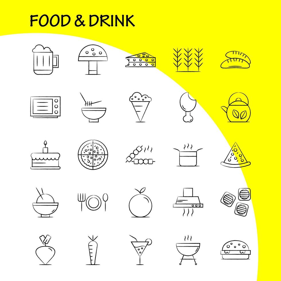 handgezeichnete symbole für lebensmittel und getränke, die für infografiken, mobiles uxui-kit und druckdesign festgelegt wurden, umfassen essen, restaurant, abendessen, getreide, essen, weizen, bbq, fleisch, symbol, satz, vektor