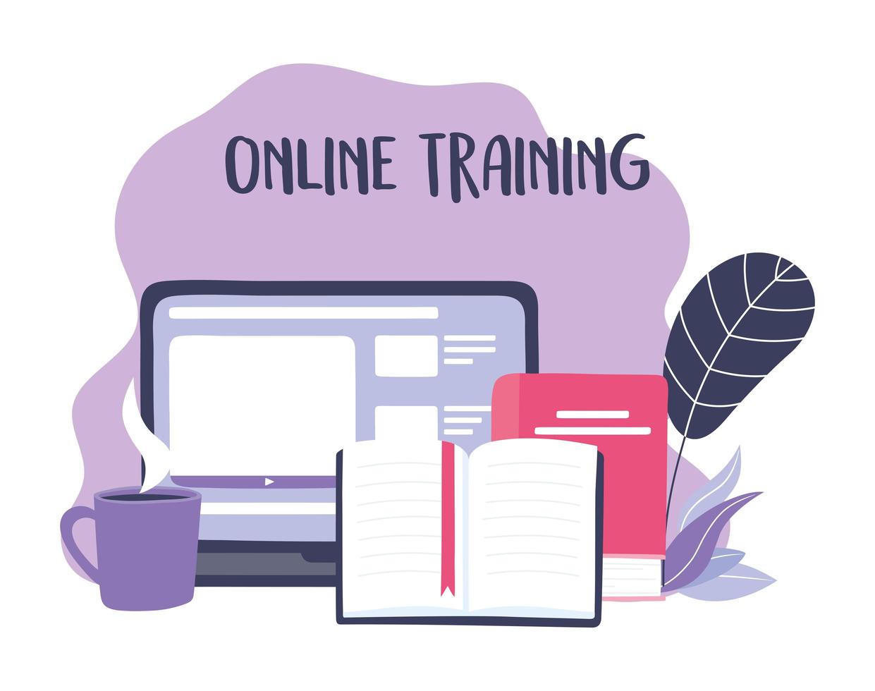 Online-Trainingsdesign mit Laptop, Büchern und Kaffeetasse vektor