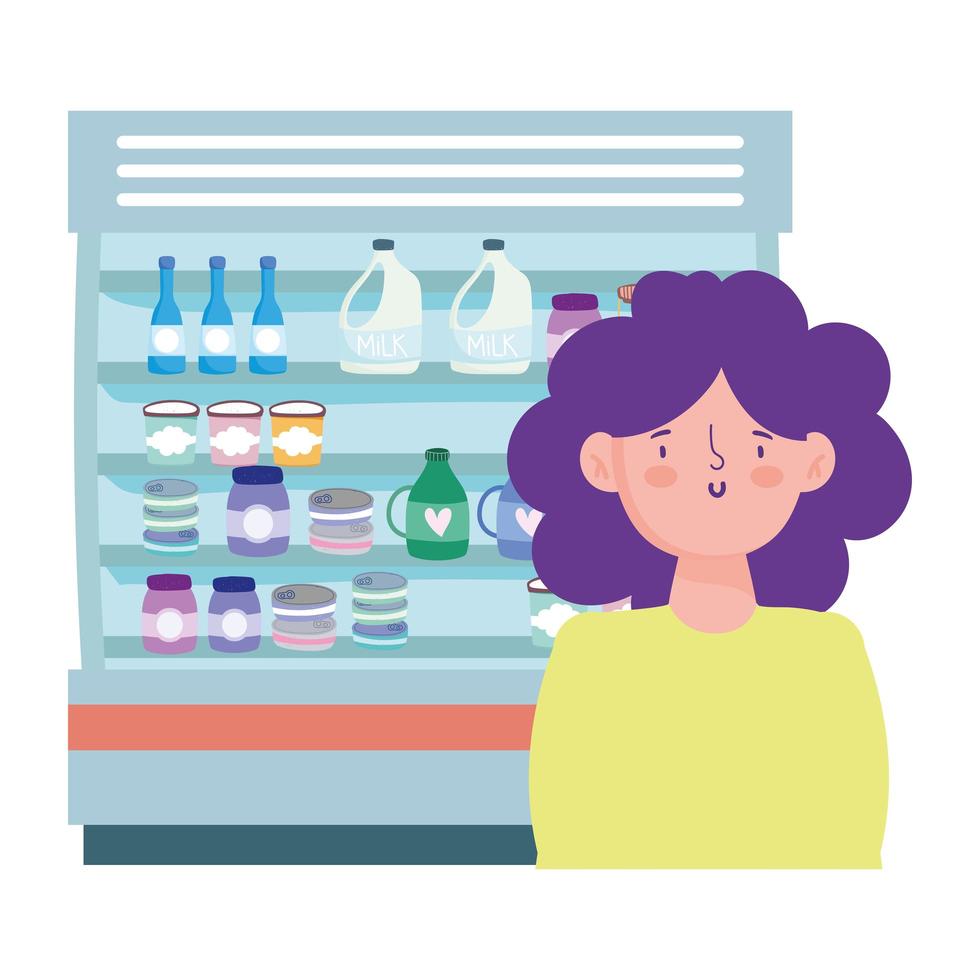Frau und Kühlschrank mit Produkten vektor