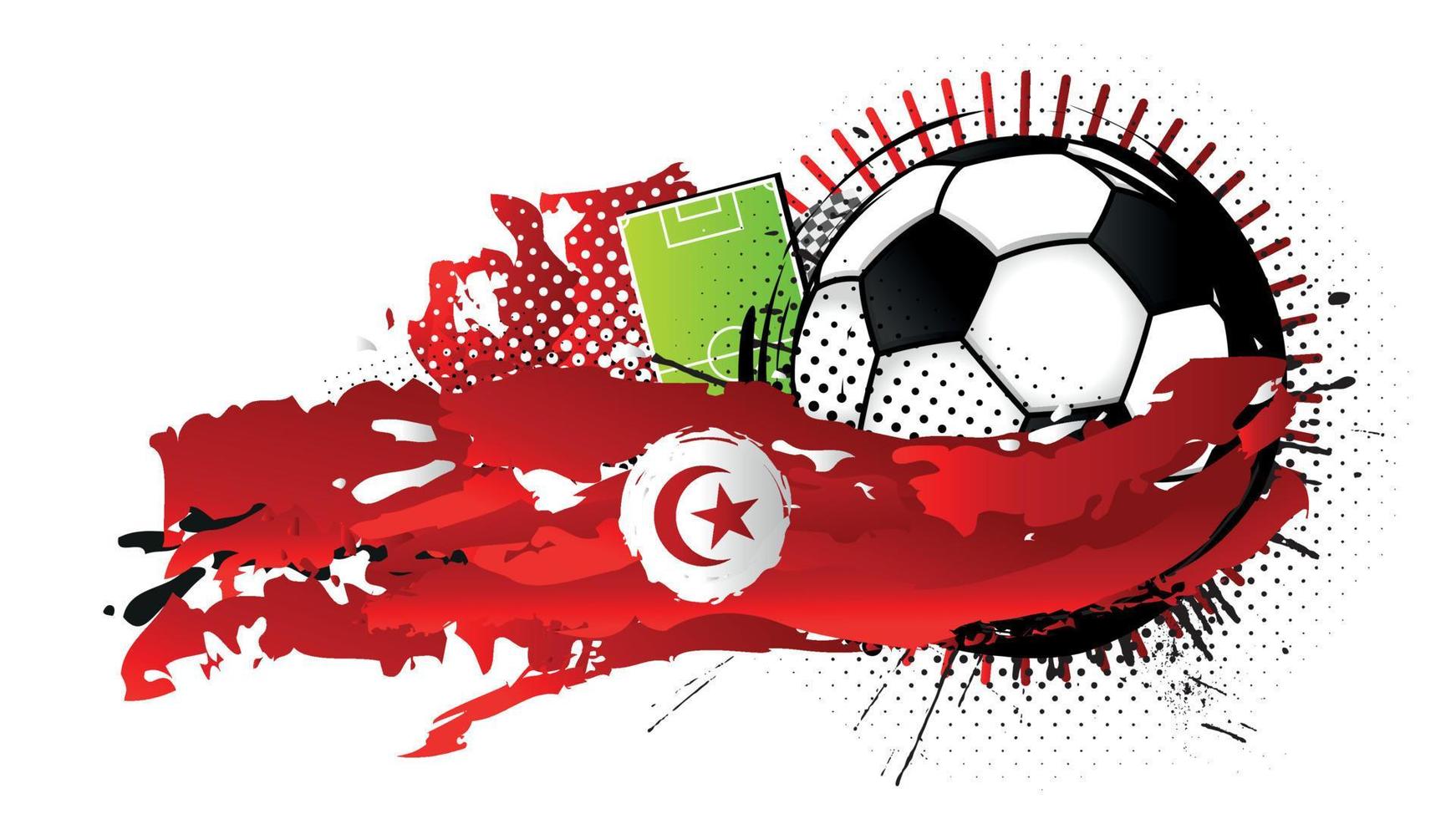 svart och vit fotboll boll omgiven förbi röd och vit fläckar formning de flagga av tunisien med en fotboll fält i de bakgrund. vektor bild