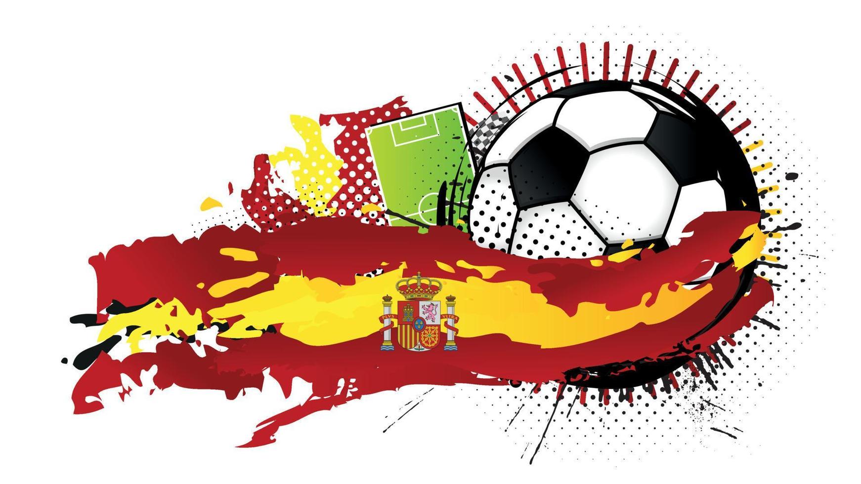 schwarz-weißer fußball, umgeben von gelben und roten flecken, die die flagge von spanien mit einem fußballfeld im hintergrund bilden. Vektorbild vektor