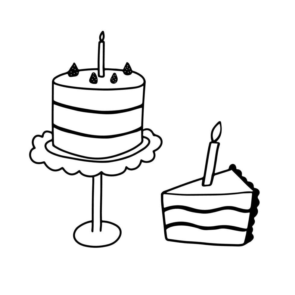 rolig födelsedag kaka med ljus. klotter vektor illustration isolerat på vit