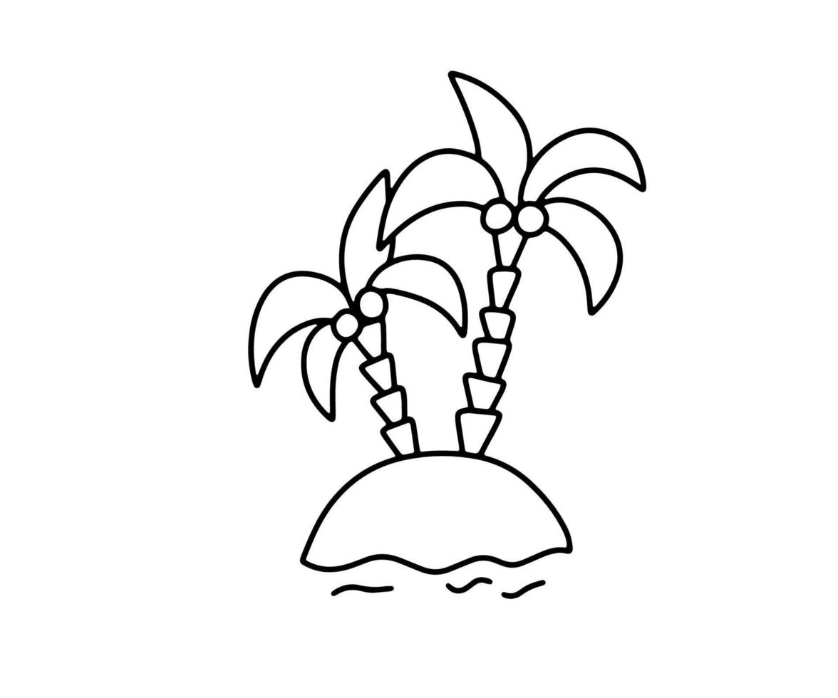 Linienskizze der Insel im Meer mit Palmen. niedliche Doodle-Vektor-Illustration isoliert auf weißem Hintergrund vektor