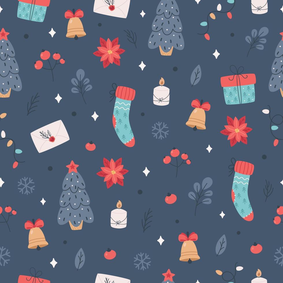 Weihnachten Musterdesign mit Weihnachtsbaum, Geschenk, Mistel. Socken. Fröhliche Weihnachten. vektor
