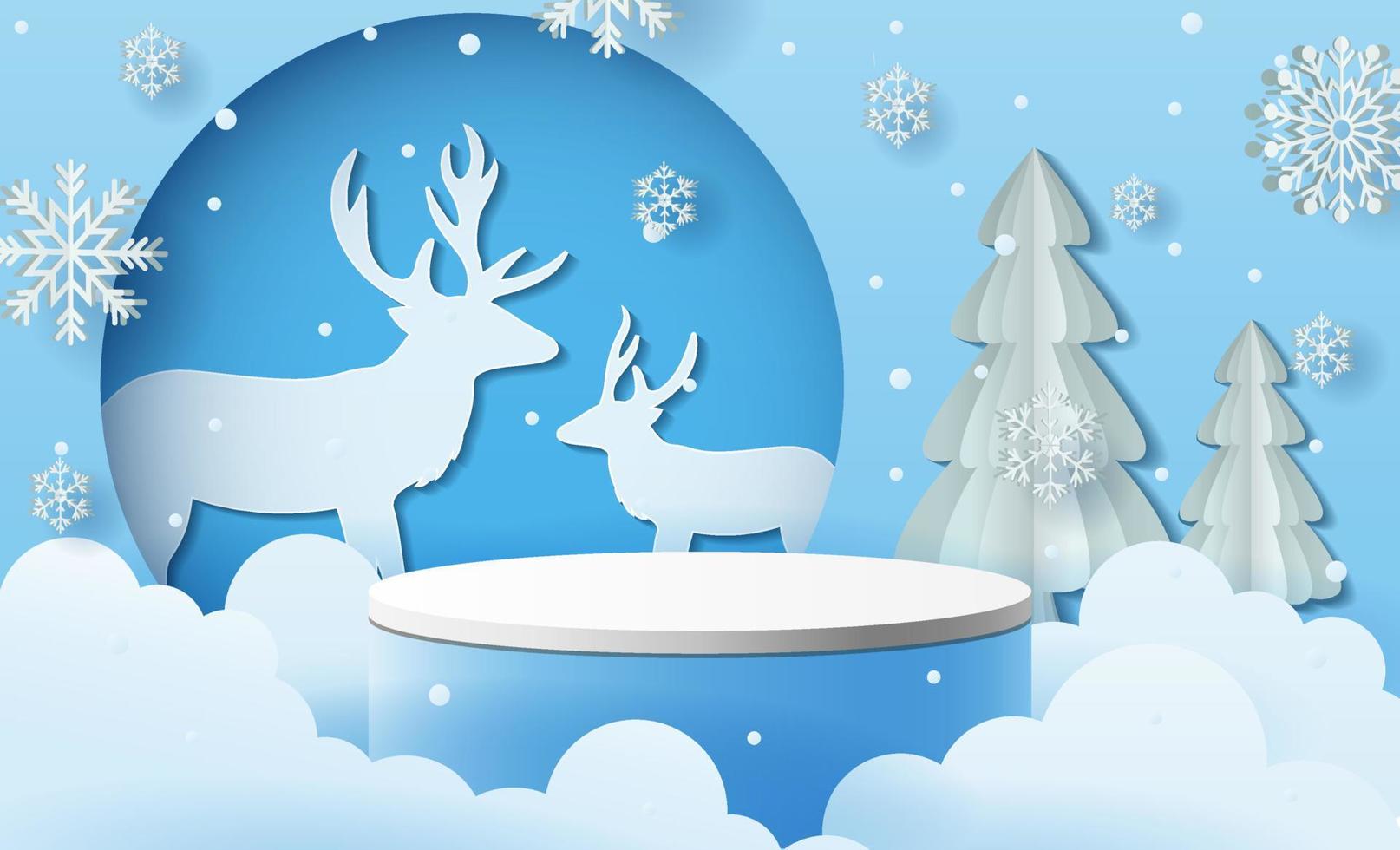 weihnachtswinterlandschaft mit produktpodestszene, ren und kiefern. winterurlaub sockel eis schnee 3d-rendering vektor hintergrund mit podium. Vektor-Illustration