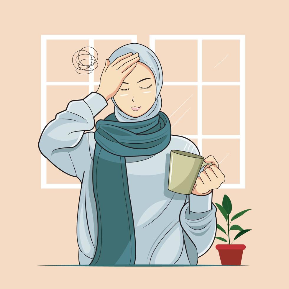 olycklig hijab ung flicka bär Tröja och känsla sjuk vektor illustration fri ladda ner