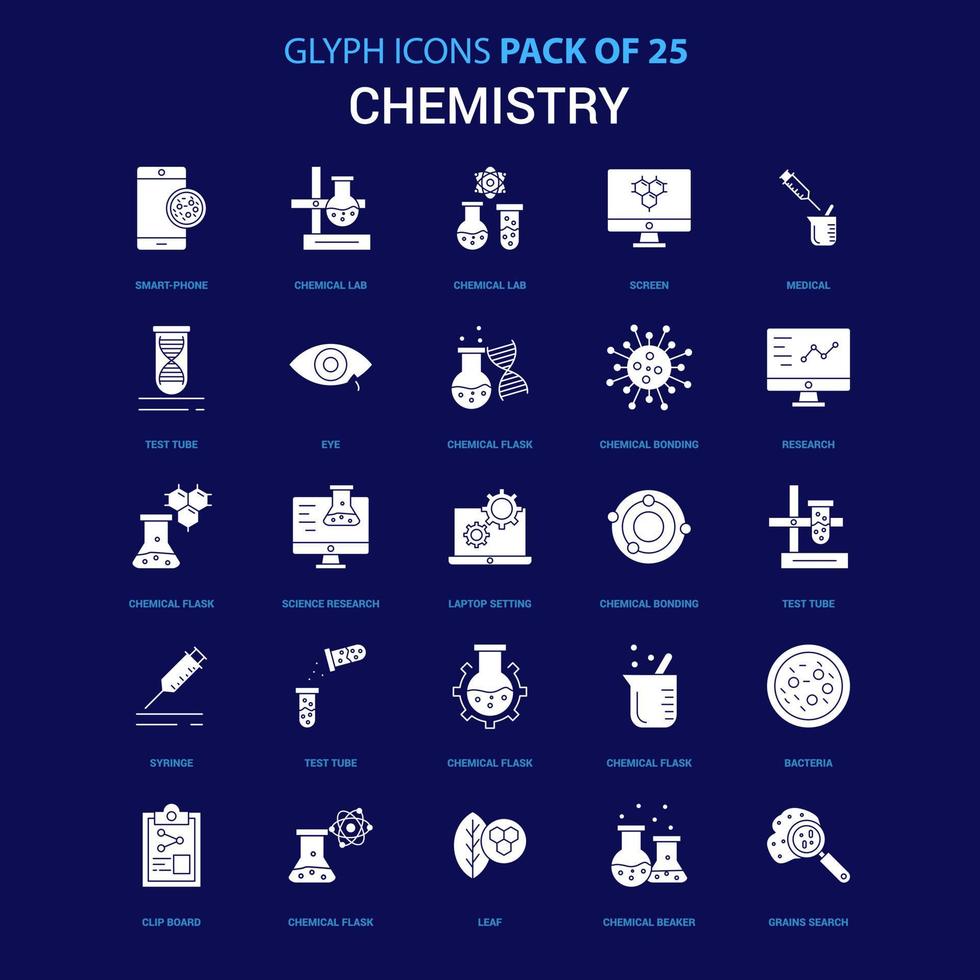 Chemie weißes Symbol auf blauem Hintergrund 25 Icon Pack vektor