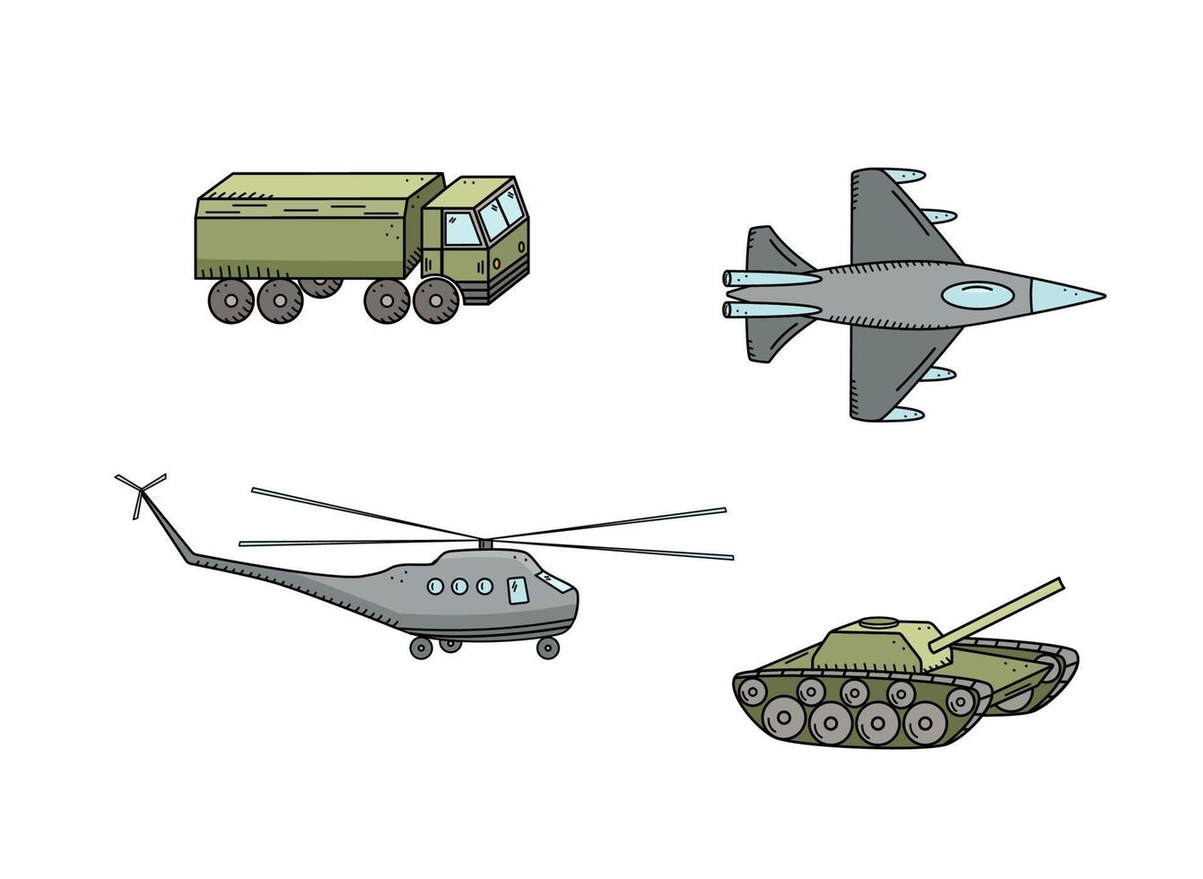 militärische Doodle-Farbsymbole. vektorillustration einer reihe von kriegstransport und luftfahrt. vektor