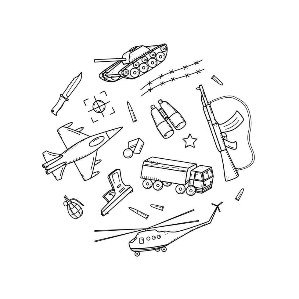 militärische Doodle-Symbole. vektorillustration einer reihe von militärischer ausrüstung, armeeartikel vektor