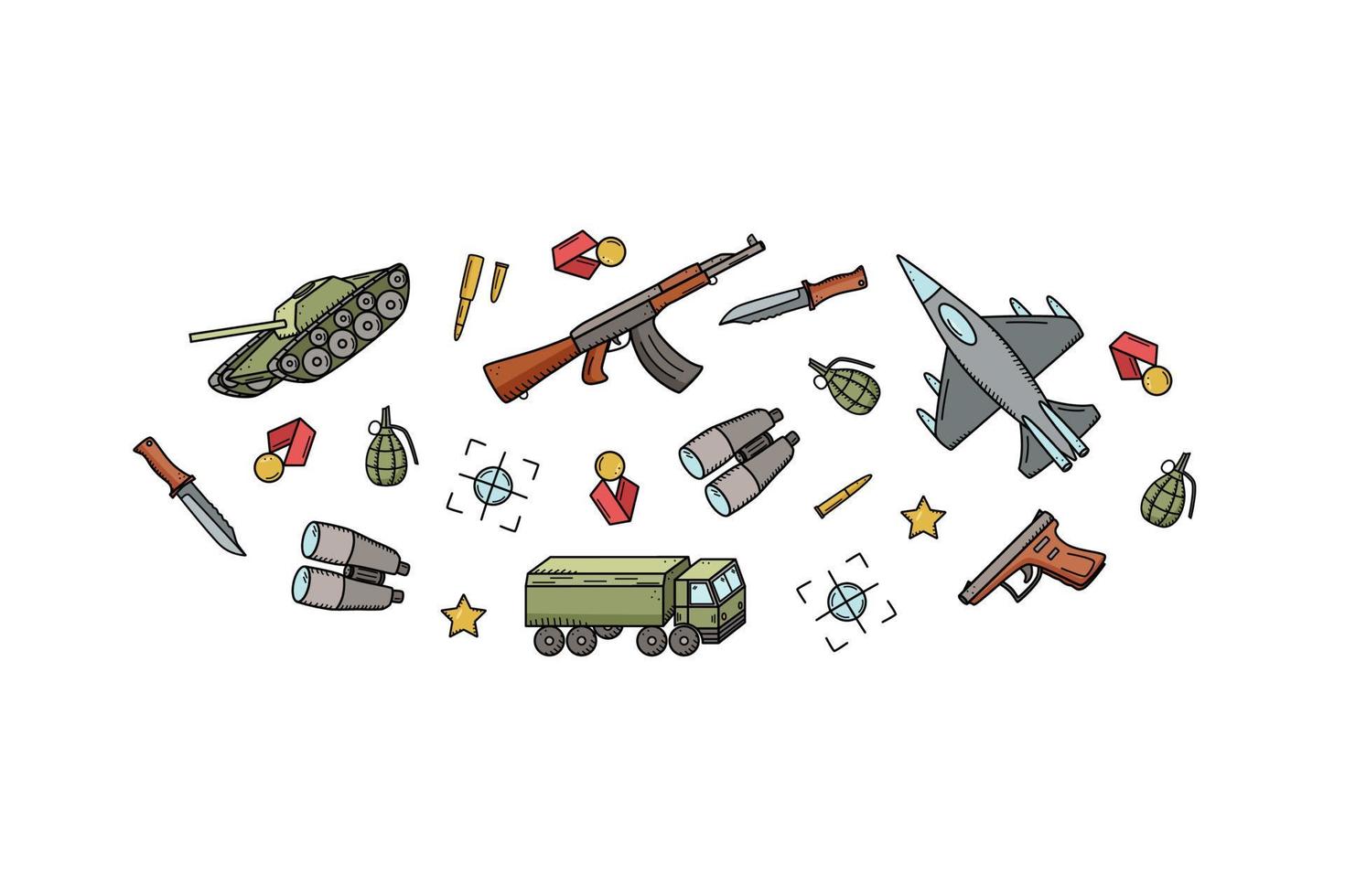 militärische Doodle-Farbsymbole. vektorillustration einer reihe von militärischer ausrüstung, armeeartikel. vektor