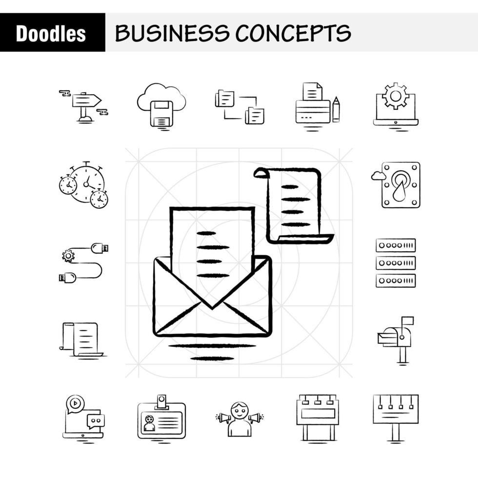 företag begrepp hand dragen ikoner uppsättning för infographics mobil uxui utrustning och skriva ut design inkludera videokamera media video media spelare låst dela med sig redskap samling modern infographic logotyp och vektor