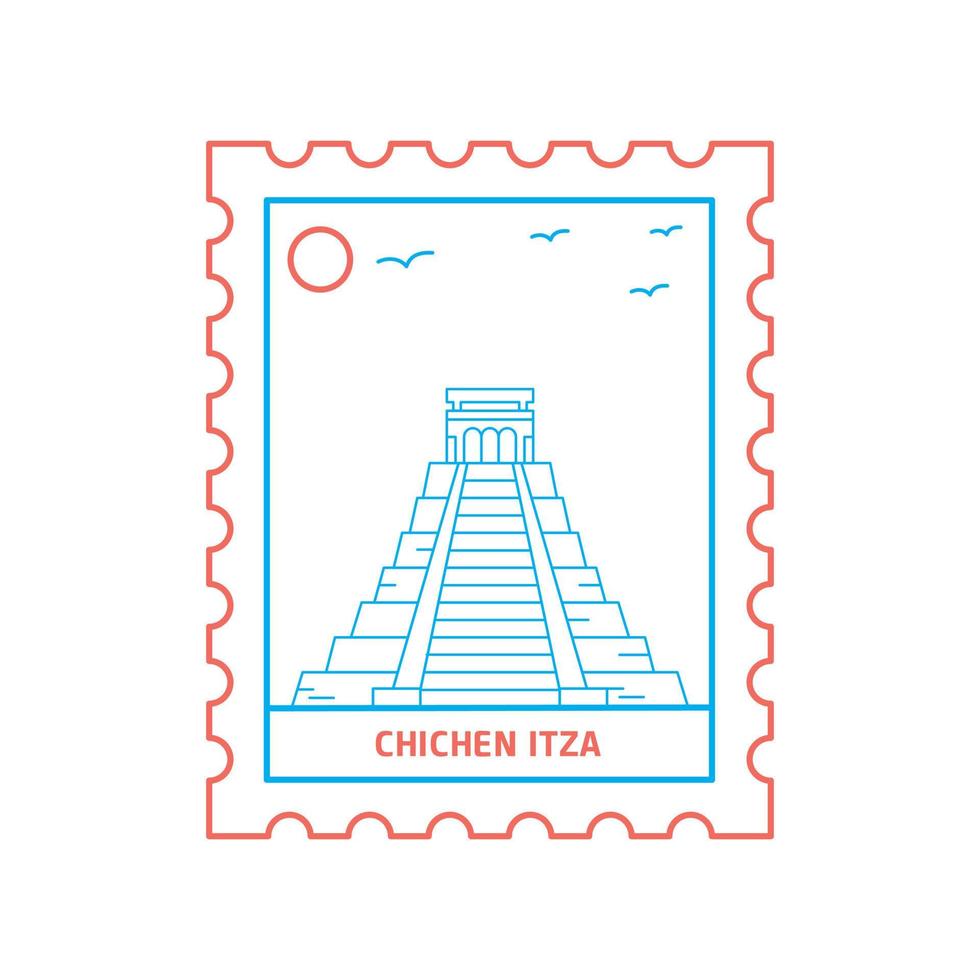 chichen itza briefmarke blaue und rote linie stil vektorillustration vektor