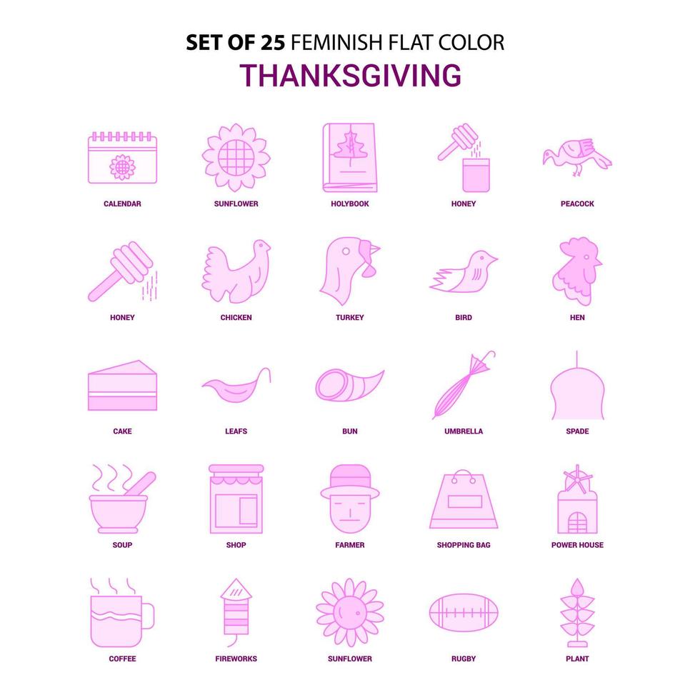 Satz von 25 feminischen Thanksgiving-Flat-Color-Pink-Icon-Set vektor