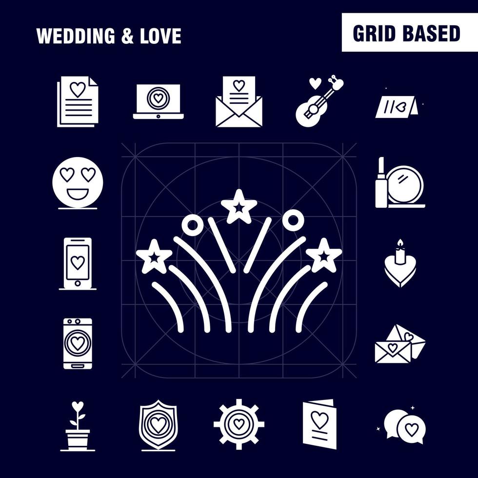 bröllop och kärlek fast glyf ikoner uppsättning för infographics mobil uxui utrustning och skriva ut design inkludera bärbar dator kärlek hjärta bröllop kort kärlek hjärta bröllop ikon uppsättning vektor