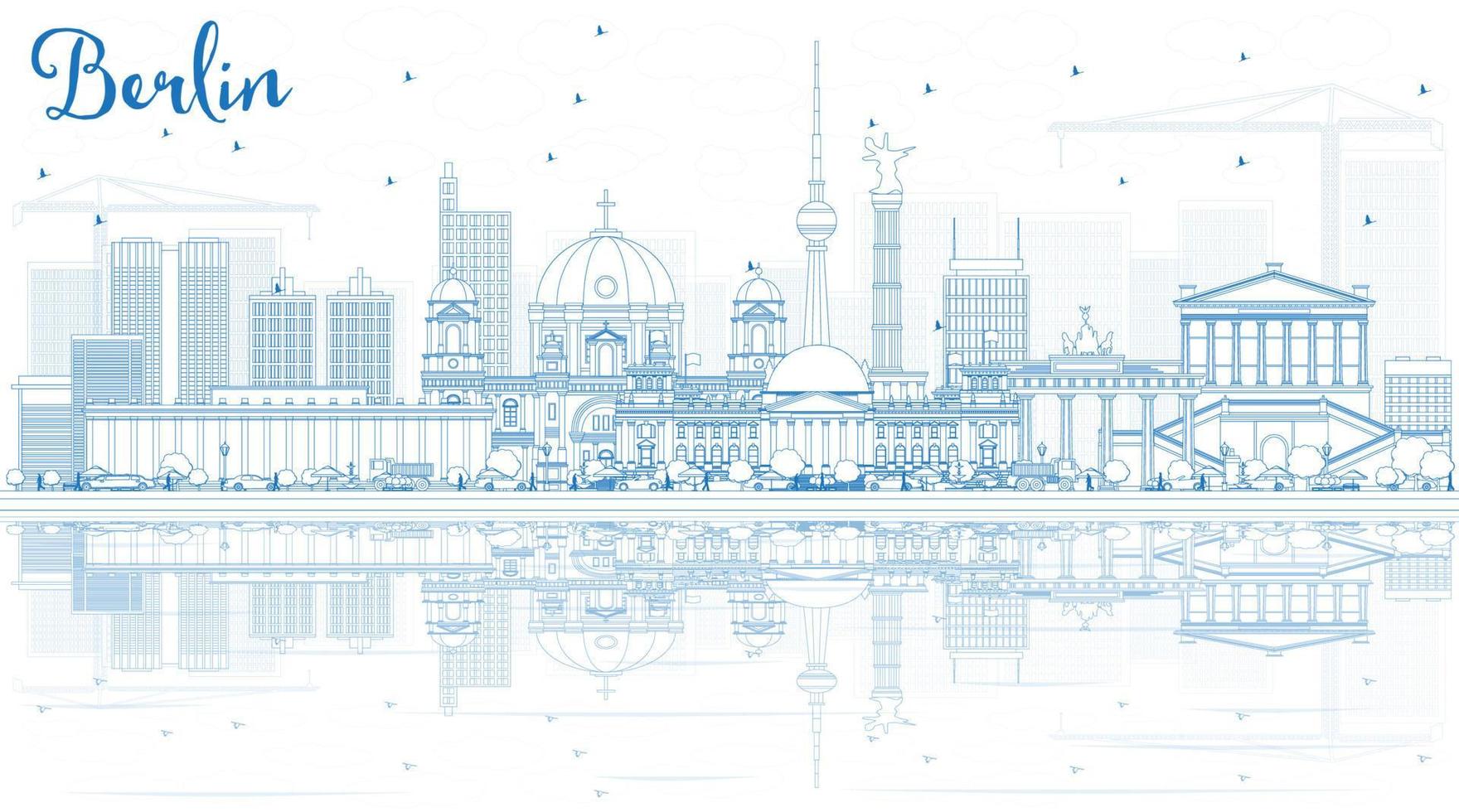 skizzieren sie die berliner skyline mit blauen gebäuden und reflexionen. vektor