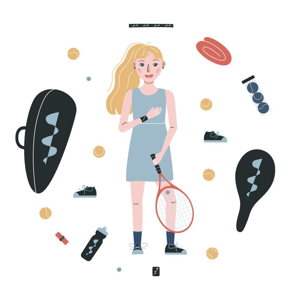 platt vektor illustration i barnslig stil. hand dragen tennis spelare, redskap och Utrustning.