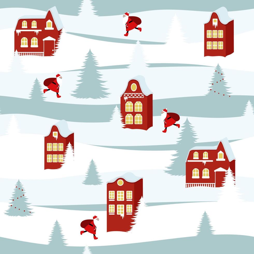 sömlös mönster med röd hus och santa claus. jul och ny år högtider. kreativ vektor bakgrund för tyg, textil, barnkammare tapet.