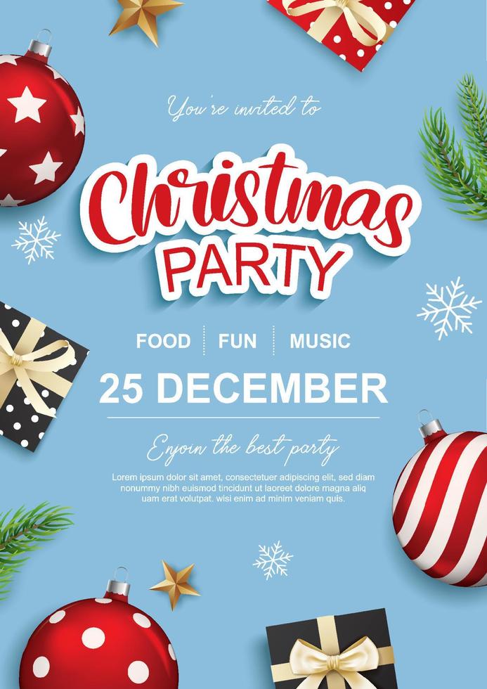 frohe weihnachten party glaskugel und geschenkbox für flyer broschüre design auf blauem hintergrund einladungsthema konzept. frohe feiertagsgrußfahne und kartenvorlage. vektor