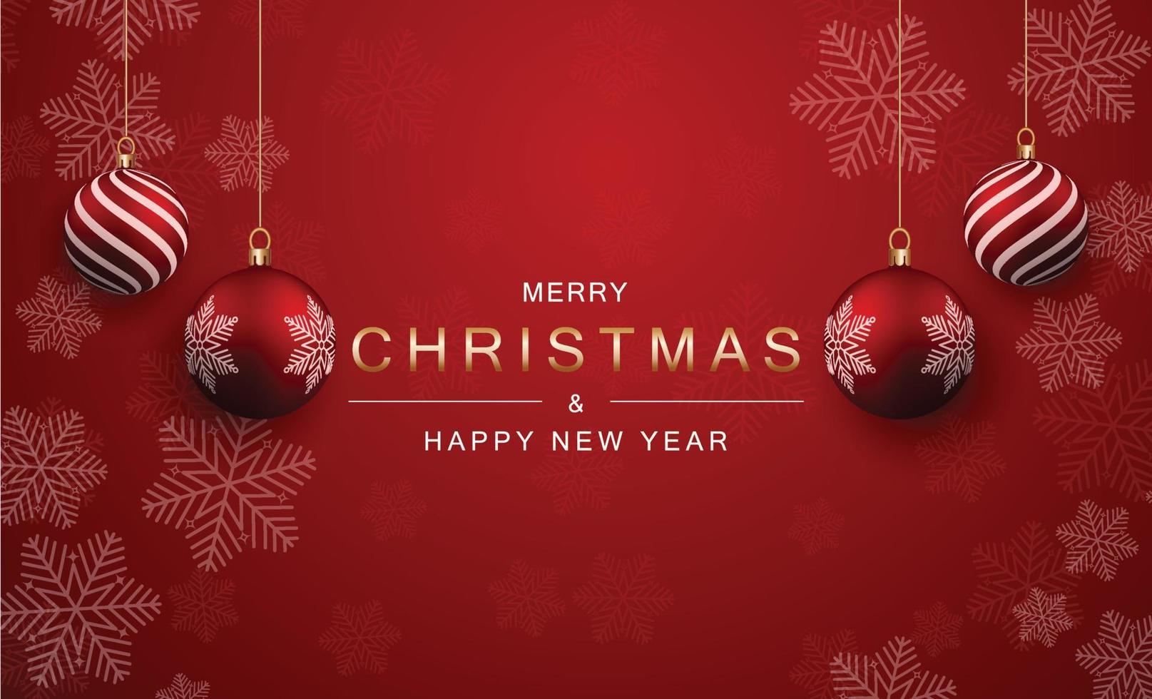 jul och ny år bakgrund med 4 realistisk jul bollar med skön vertikal Ränder och snöflingor isolerat på en djärv röd bakgrund. jul och ny år hälsning bakgrund begrepp. vektor
