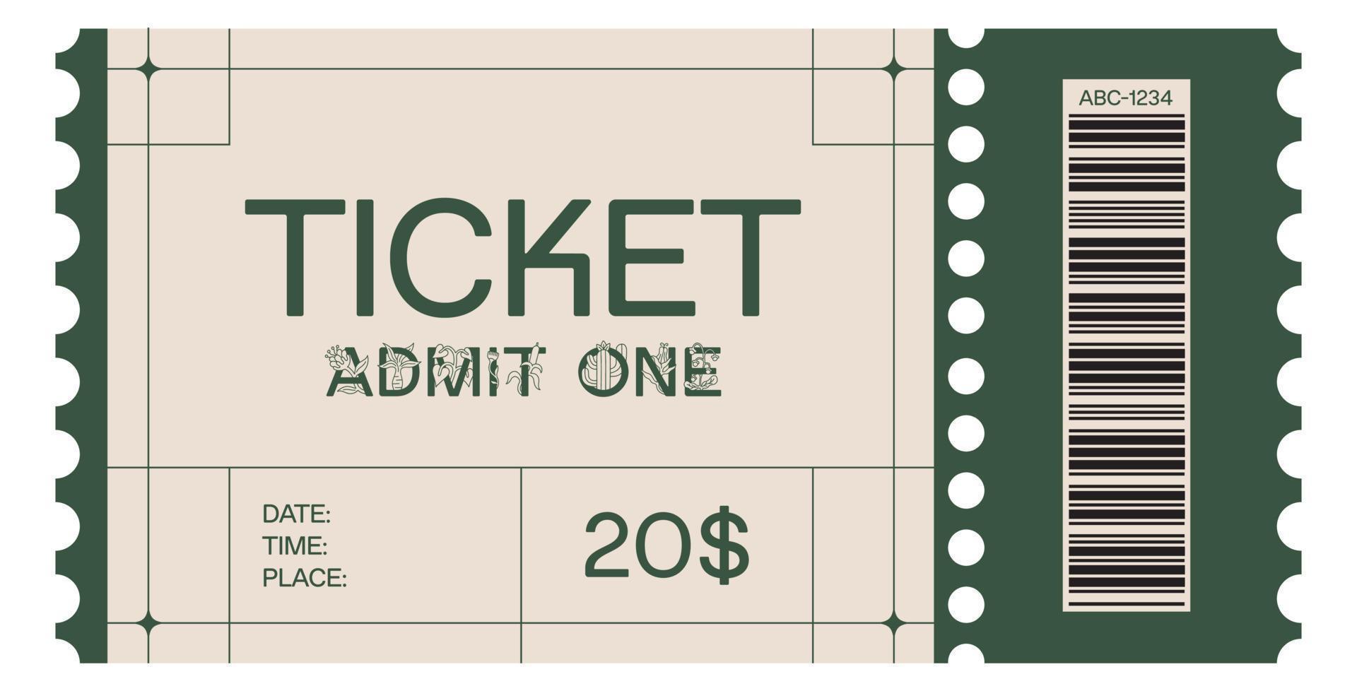 Vektor-Ticket-Vorlage für die Veranstaltung. Jugendstil- und Art-Deco-Ticket in Beige und Grün. vektor