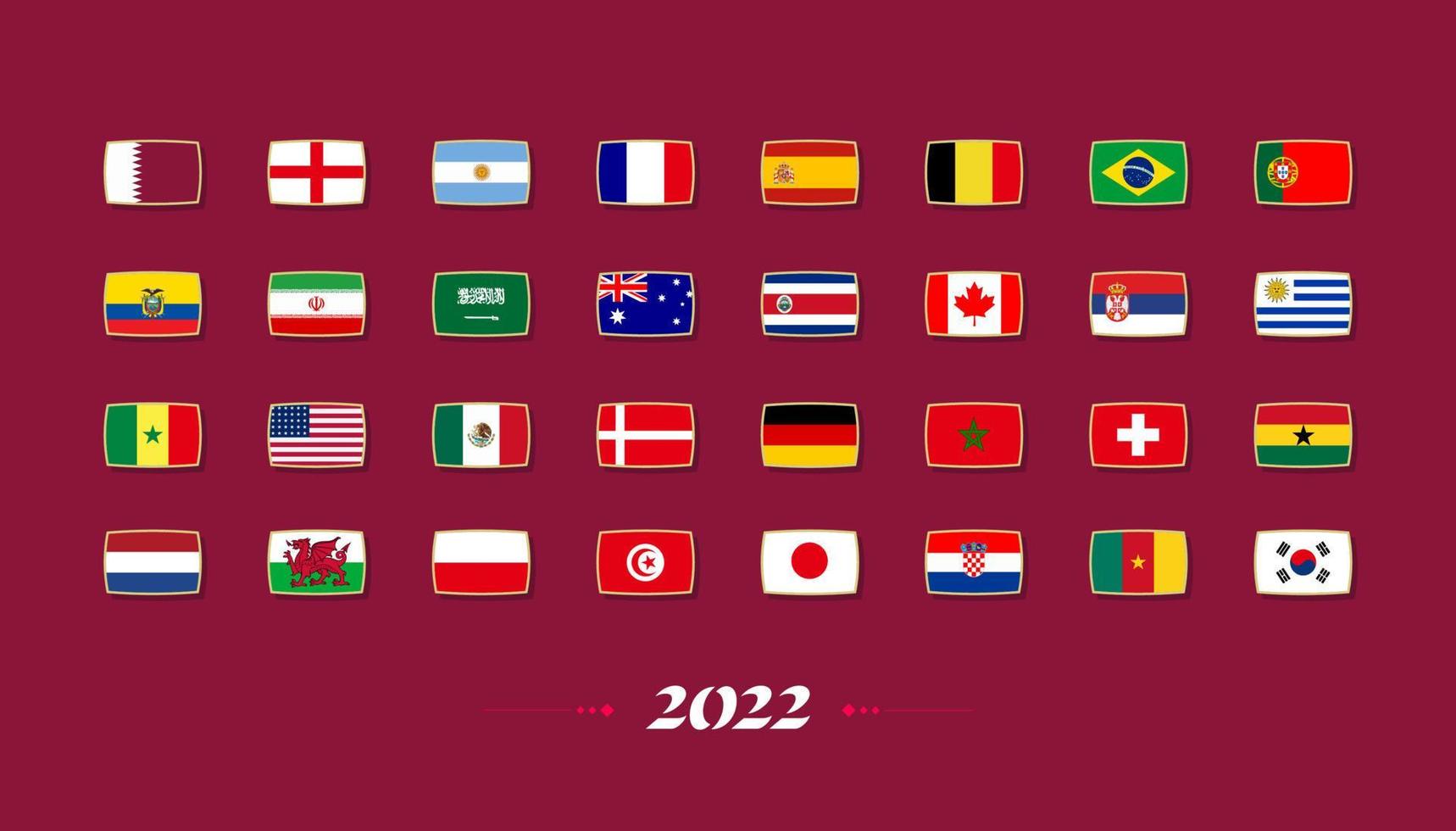 Flaggen der Länder, die am internationalen Fußballturnier in Katar teilnehmen. Vektor