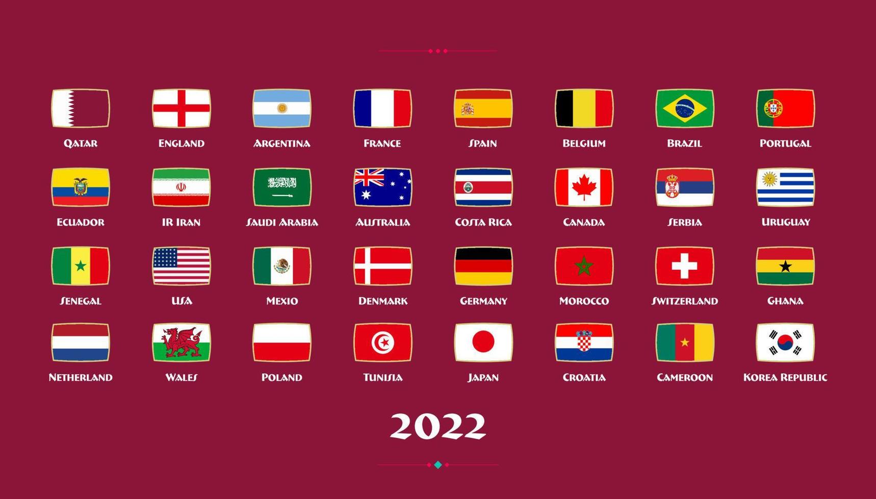 alle Flaggen der Länder in der Fußballmeisterschaft 2022. Vektor