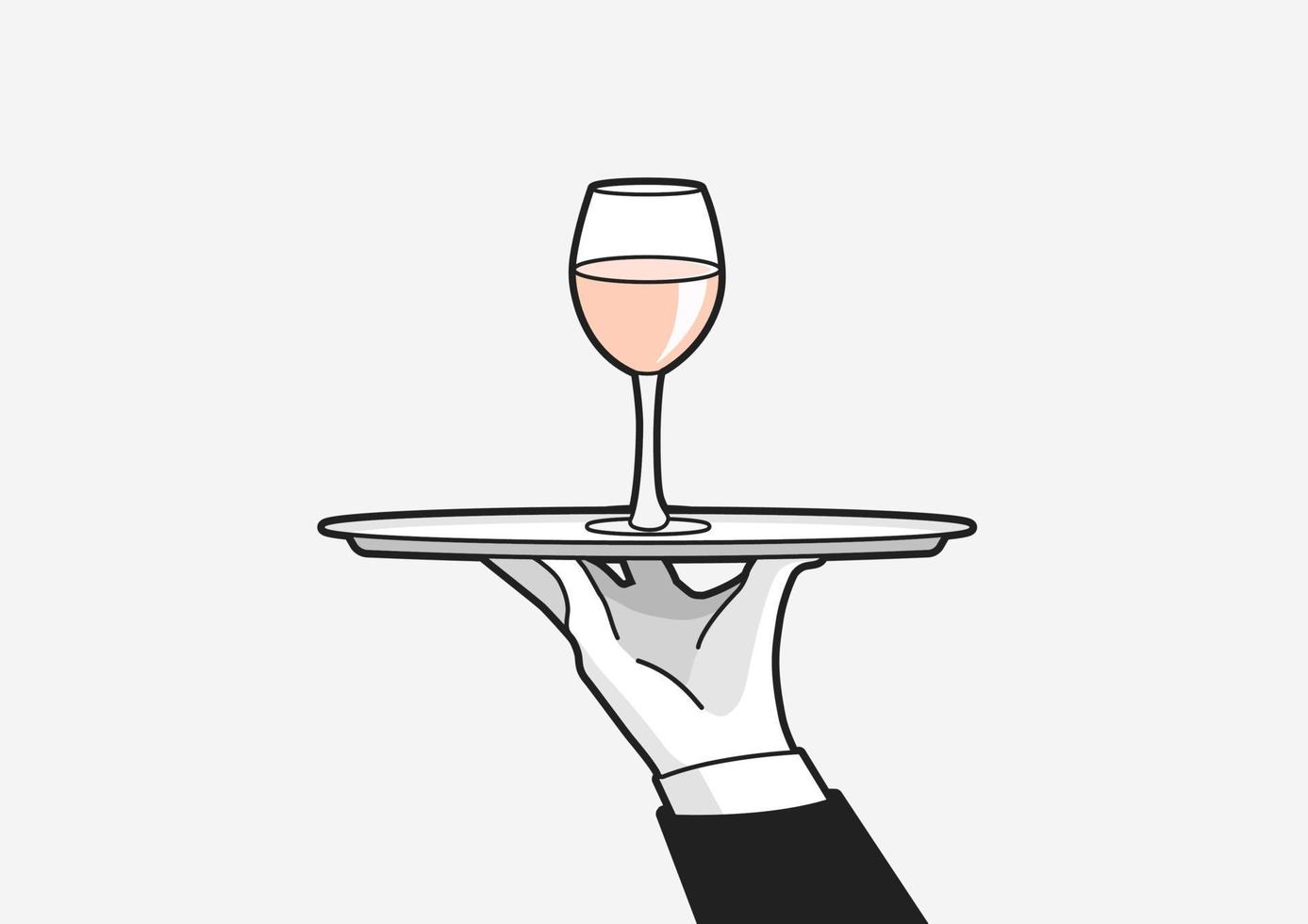 Hand des Kellners in einem weißen Handschuh mit einem Glas Wein auf einem Tablett. Vektor