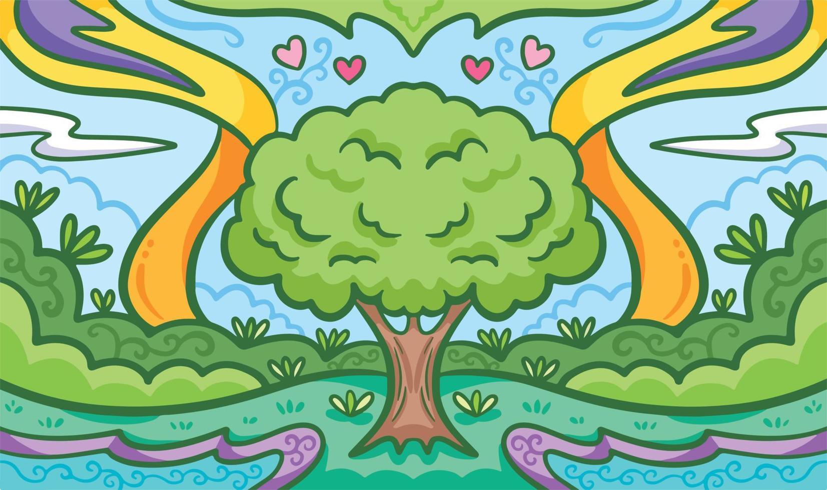 färsk och skön träd naturlig tema vektor bakgrund. grönska tapet för affisch eller hemsida bakgrund med tecknad serie platt konst stil och rena linje konst. färgrik teckning med kärlek jord tema