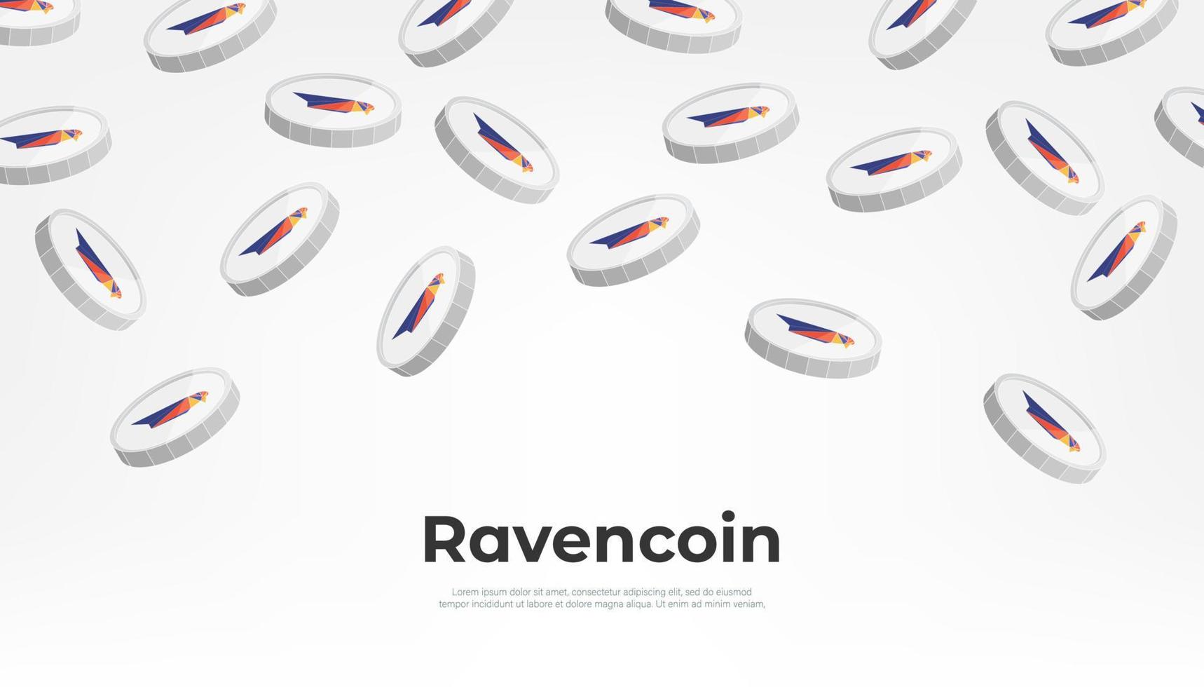 Ravencoin-Münze, die vom Himmel fällt. Bannerhintergrund des rvn-Kryptowährungskonzepts. vektor