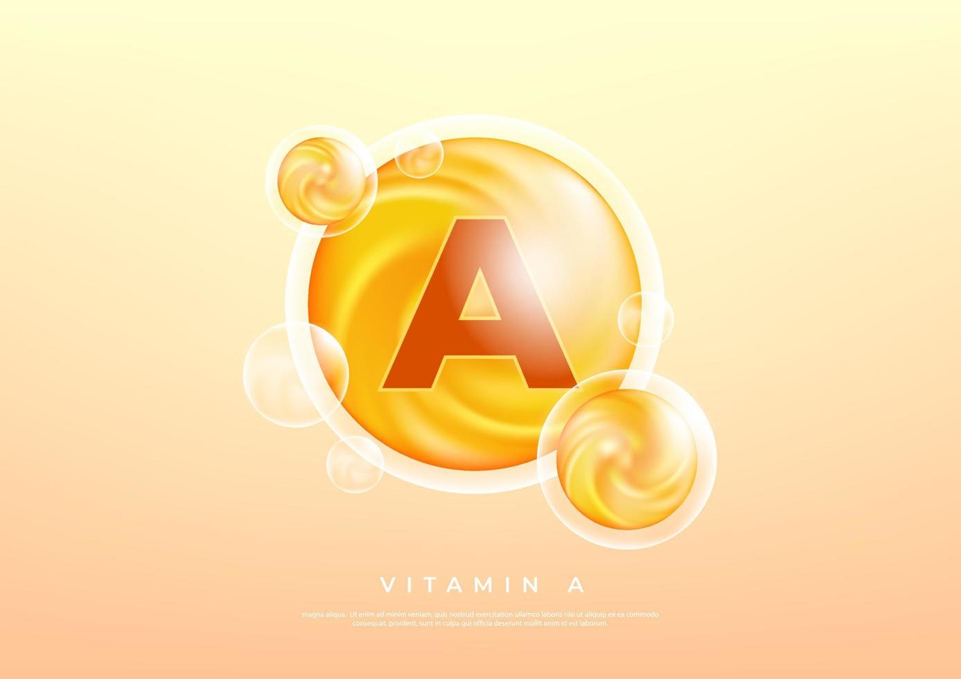 Vitamin eine goldene Vektorbehandlung. Vitamin-Tropfen-Pillenkapsel. glänzendes goldenes Essenztröpfchen. Schönheitsbehandlung Ernährung Hautpflege Design. Vektor