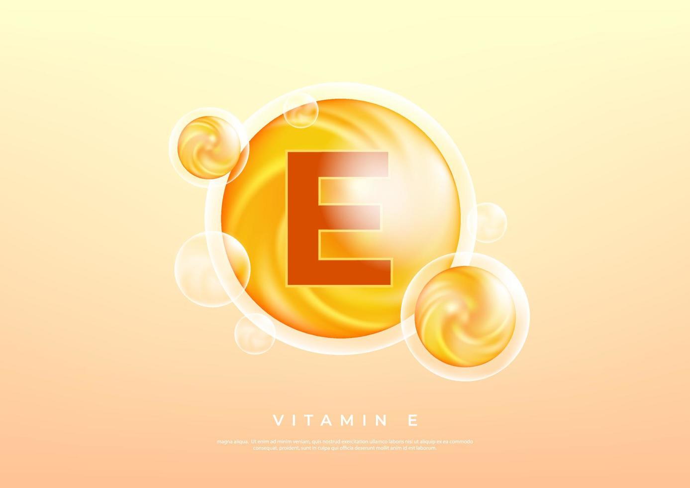 vitamin e goldene vektorbehandlung. Vitamin-Tropfen-Pillenkapsel. glänzendes goldenes Essenztröpfchen. Schönheitsbehandlung Ernährung Hautpflege Design. Vektor