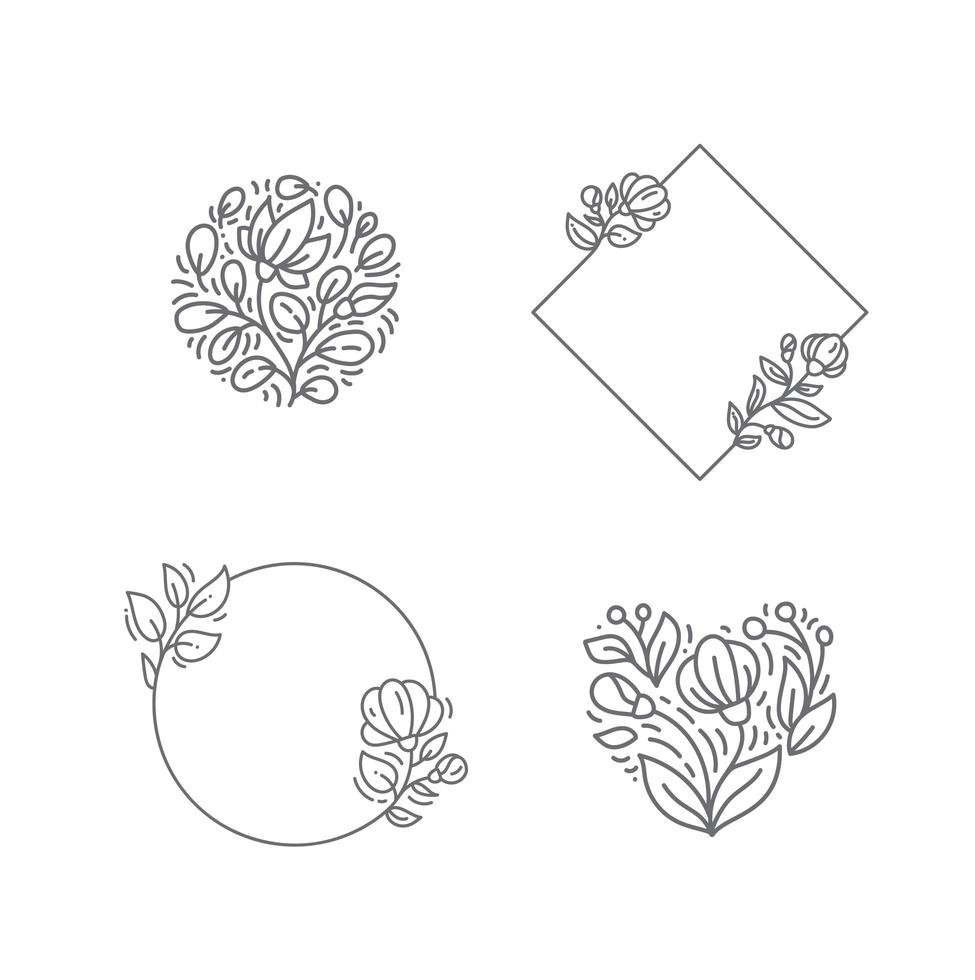 geometrisk monolin fyrkantig ram med blommor och växter objekt vektor