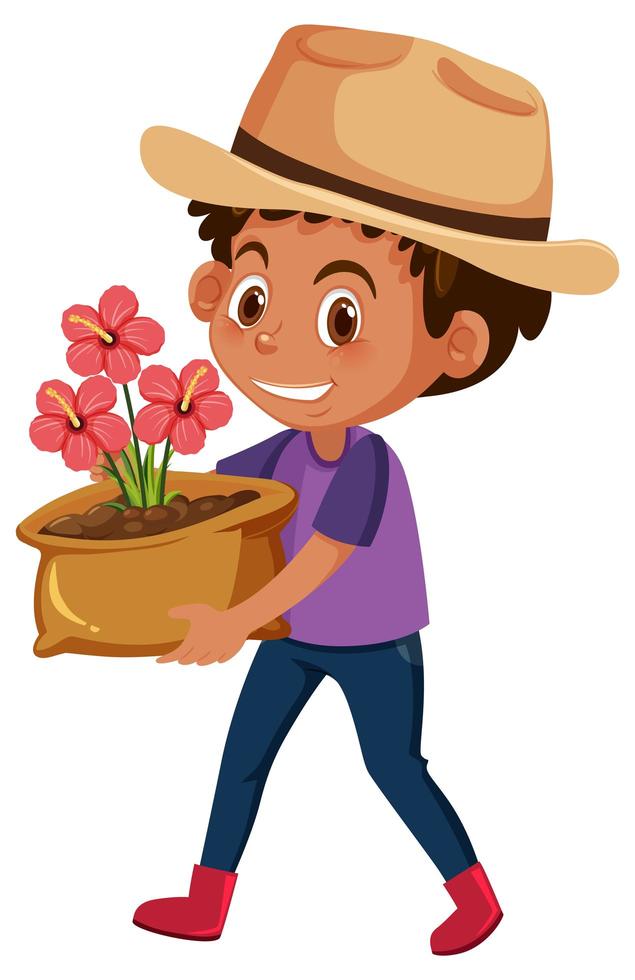 Junge, der Blume im Topfkarikaturcharakter hält vektor