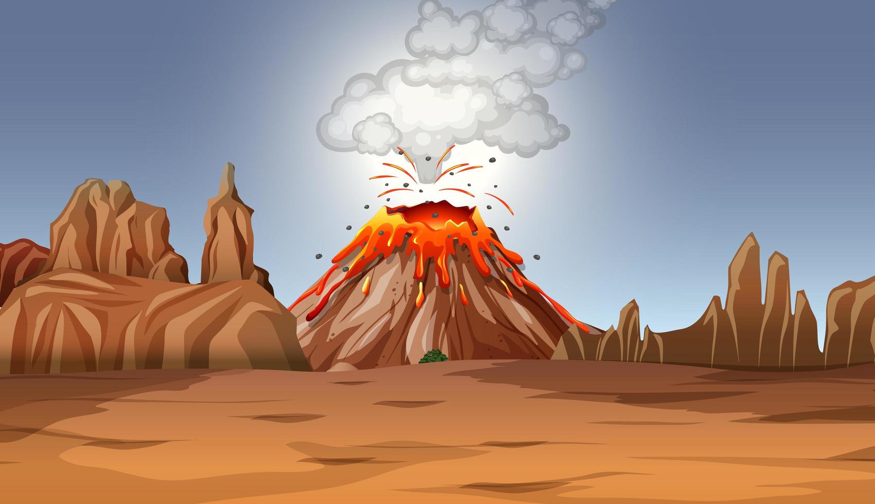 vulkanutbrott i ökenplats på dagtid vektor