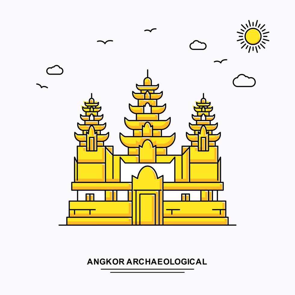 angkor archäologisches monument poster vorlage weltreise gelber illustrationshintergrund im linienstil mit beauture naturszene vektor