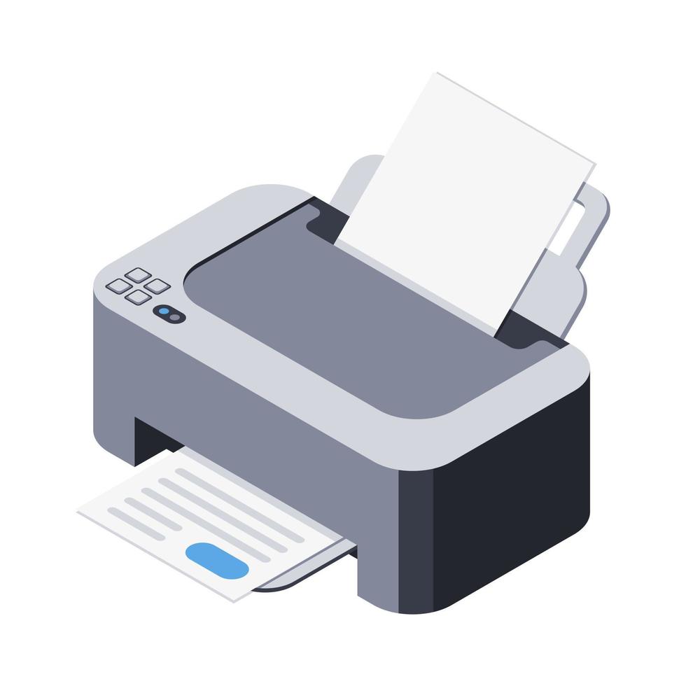 3D-Druckersymbol, Gerät zum Drucken von Dokumenten und Bildern, isoliertes Objekt. tragbare Elektronik, Bürogeräte, digitale Technologien, Papierdruckverfahren. vektorillustration im isometrischen stil vektor