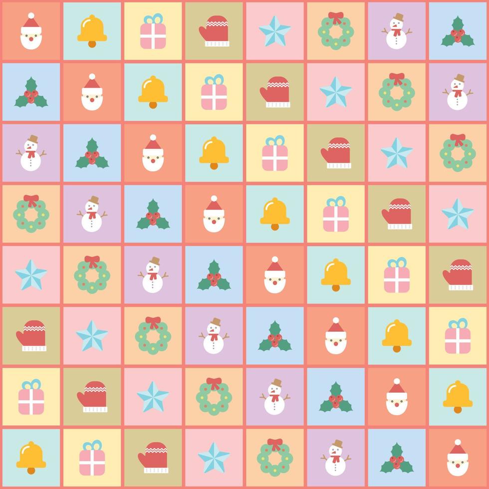 kontrollerade mönster med jul tecknad serie ikoner. sömlös jul tema pastell färger bakgrund. vektor