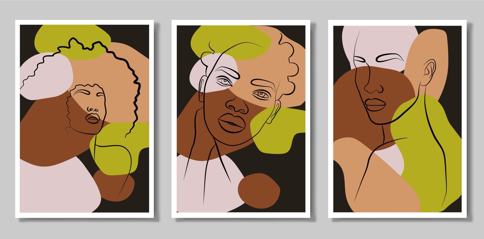 ein Mädchen in den Tropen. ein Satz von drei Gemälden. abstraktes Porträt einer jungen Frau im minimalistischen Stil. Linien ziehen. schöne afrikanische Frau. Wandkunst im Stil der Pop-Art. vektor