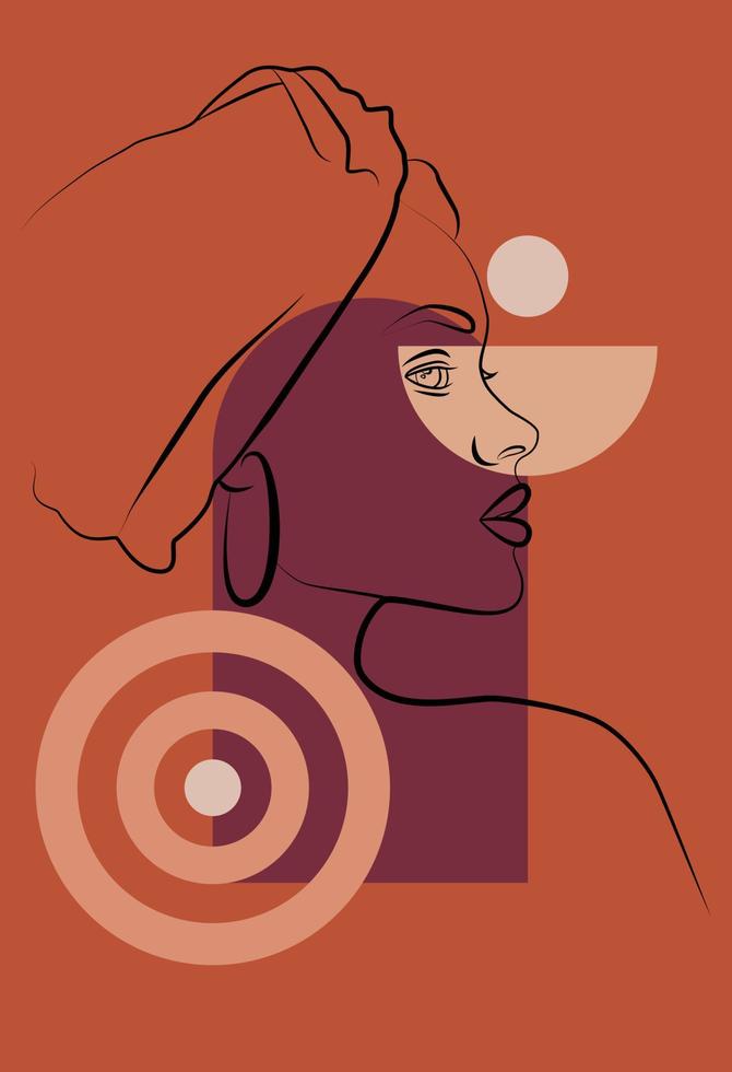 afrikansk kvinna. minimalistisk abstrakt kvinna porträtt med en kontinuerlig linje för de logotyp. geometrisk former. vektor