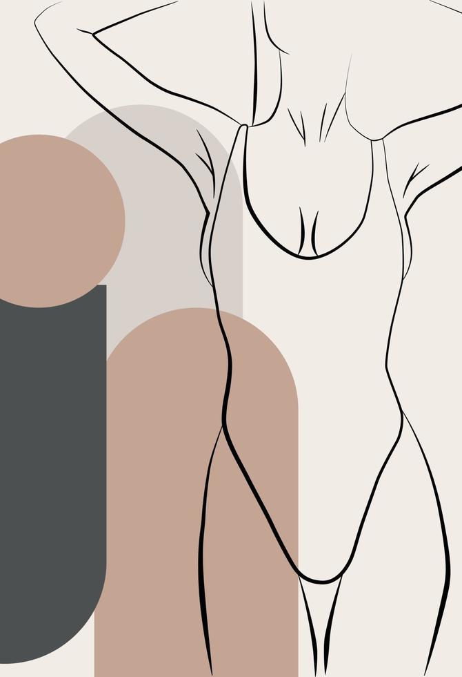 abstrakte Zeichnung mit weiblichem Gesicht, Silhouette, Elementen einfacher geometrischer Formen, in einer linearen Zeichnung. abstrakt. der Körper einer Frau. vektor
