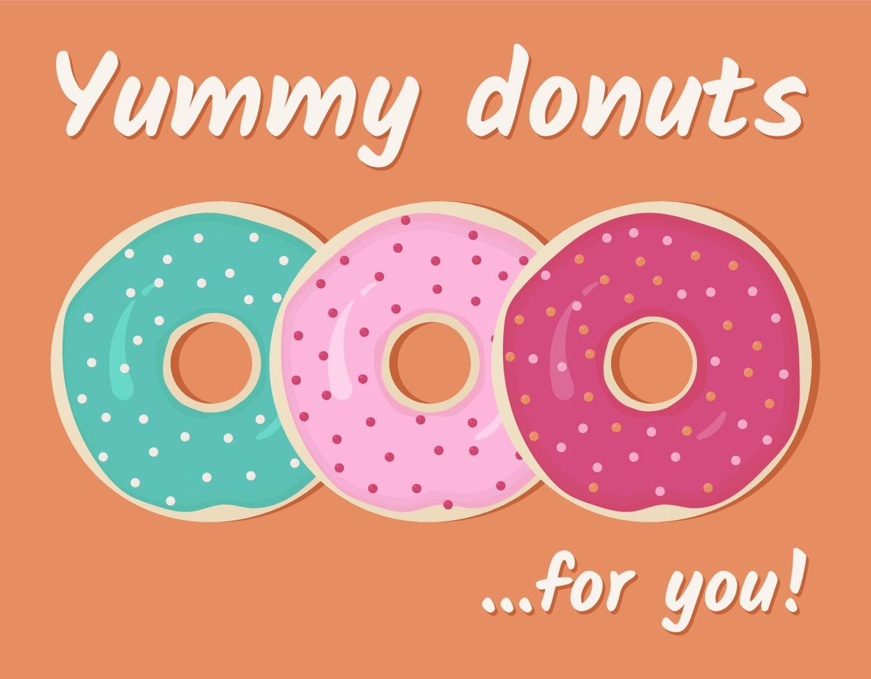 Banner, Poster, Aufkleber mit 3 verschiedenen Donuts und Text leckere Donuts für Sie auf orangefarbenem Hintergrund vektor