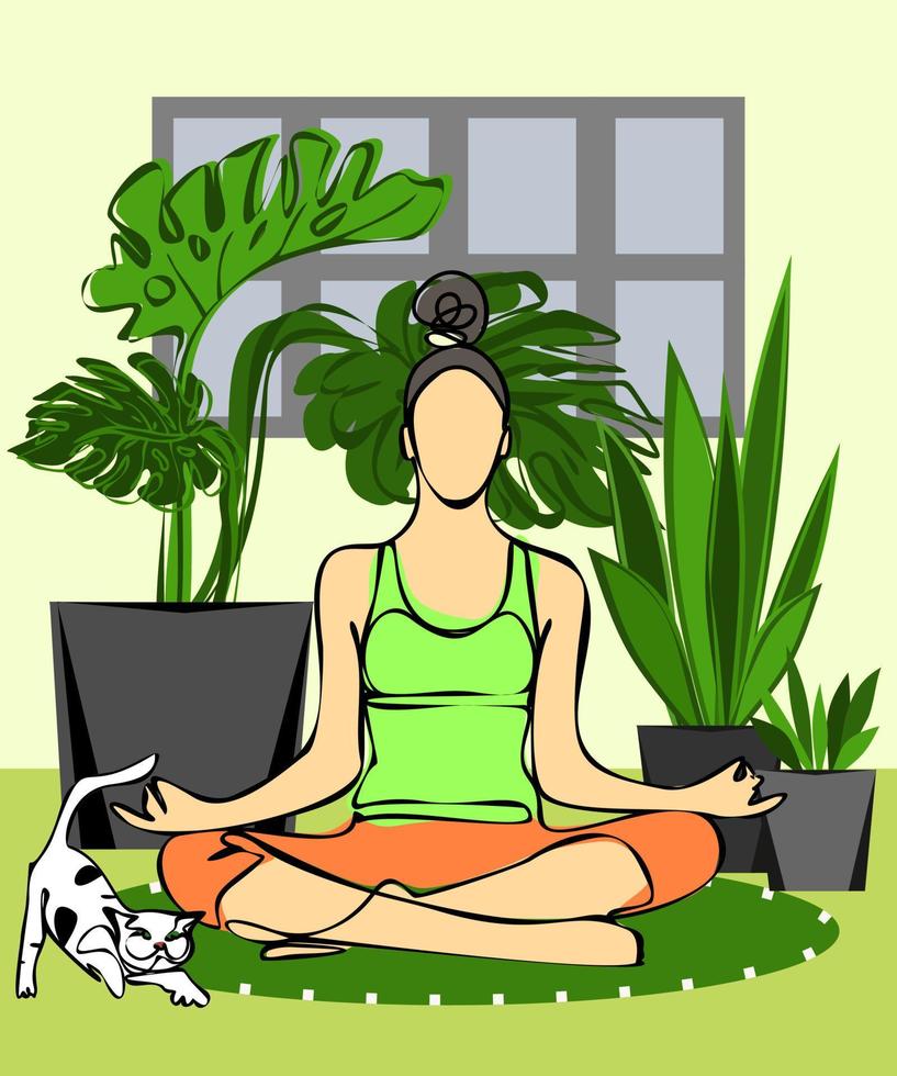 internationell yoga dag vektor. meditation öva yoga färgrik kondition begrepp. en flicka sitter i en lotus placera, mediterar med en katt i en rum med växter på en yoga matta vektor