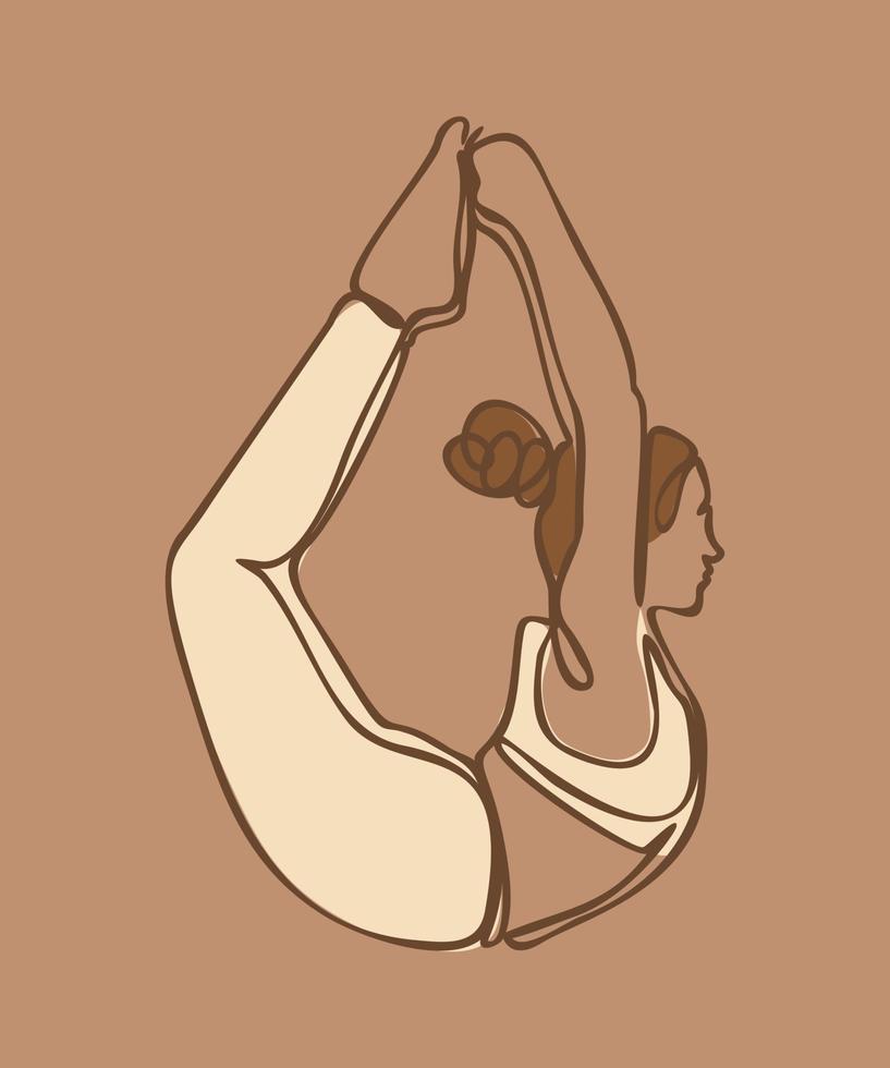 Frau, die Übung in Yoga-Pose macht. Bogenhaltung. Vektor farbige isolierte Silhouette Illustration. internationales yoga-tageskonzept. Yoga-Logo