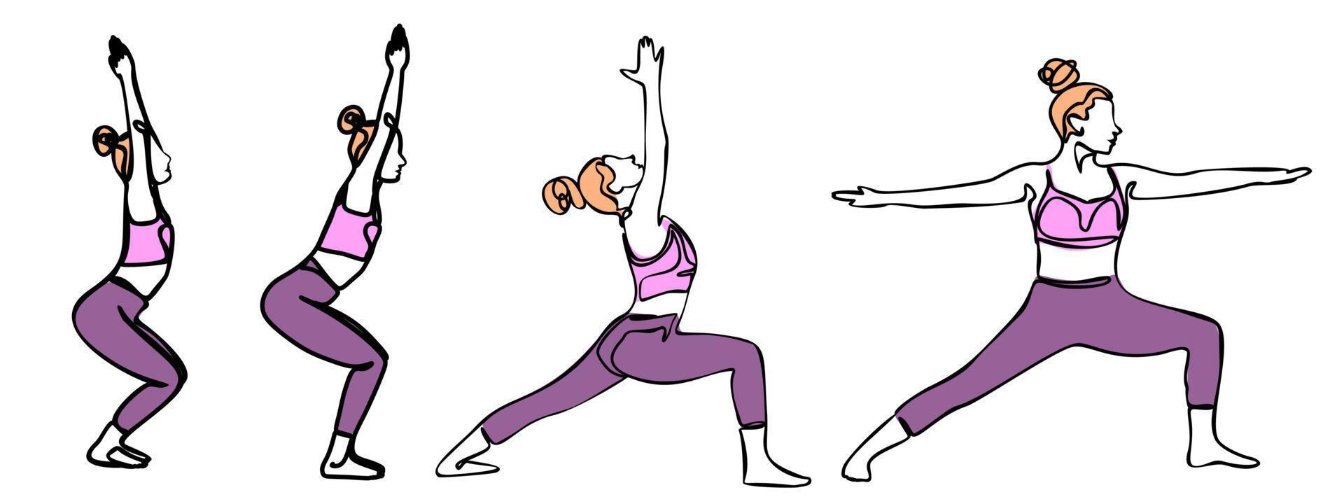 Sammlung von Yoga-Posen-Icons isoliert auf weißem Hintergrund. Silhouetten von Frauen, die Yoga- und Fitnessübungen machen. Vektorsymbole flexibler Mädchen, die ihren Körper in verschiedenen Posen dehnen und entspannen. vektor