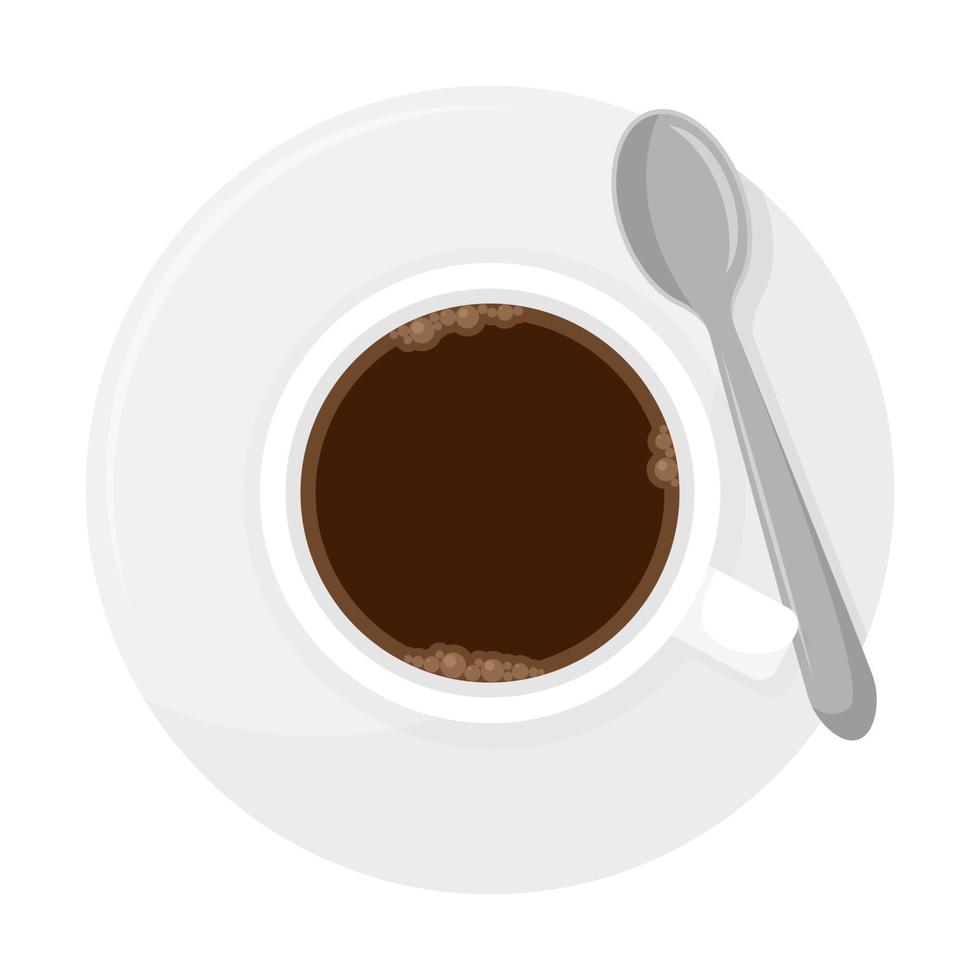 Keramikbecher für Kaffee oder Tee. tasse heißes getränk auf teller mit löffel. Ansicht von oben. flache vektorillustration der karikatur lokalisiert auf weißem hintergrund. vektor